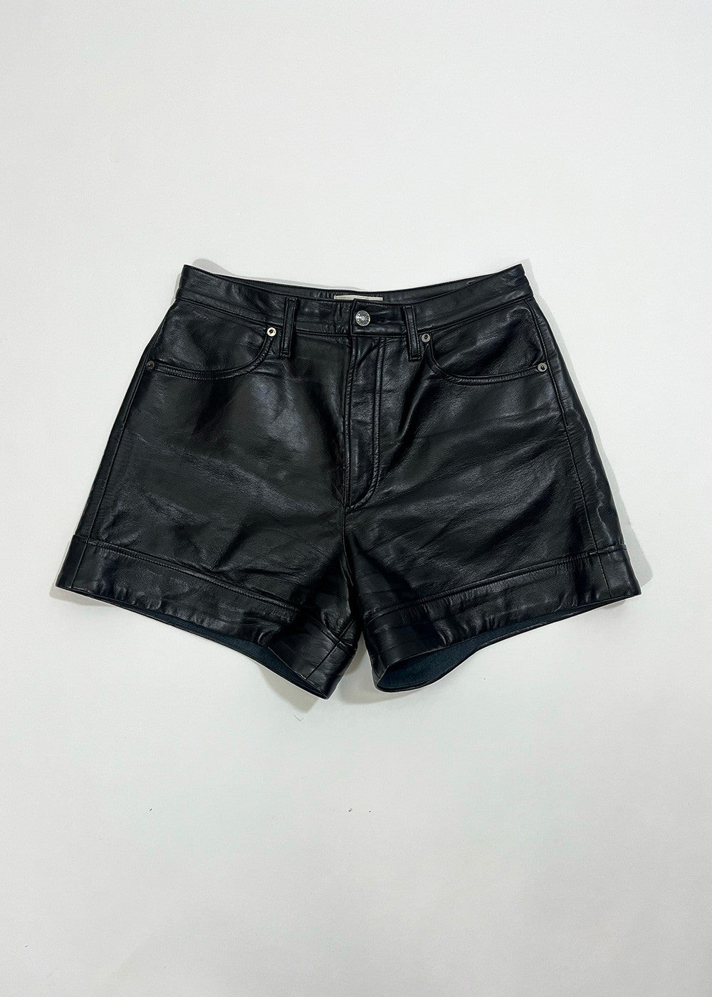 Recycled Leather Angled Hem Shorts / Size 28