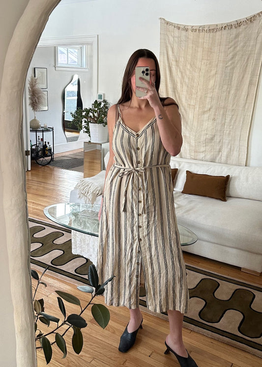 Neutral Striped Linen 'Camila' Dress / Size 36