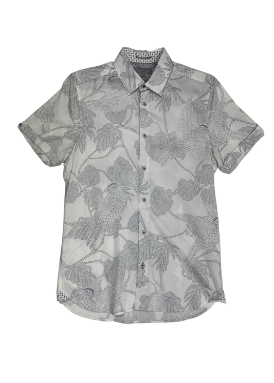 Short Sleeve Floral Parrot Print White Shirt / Size XS