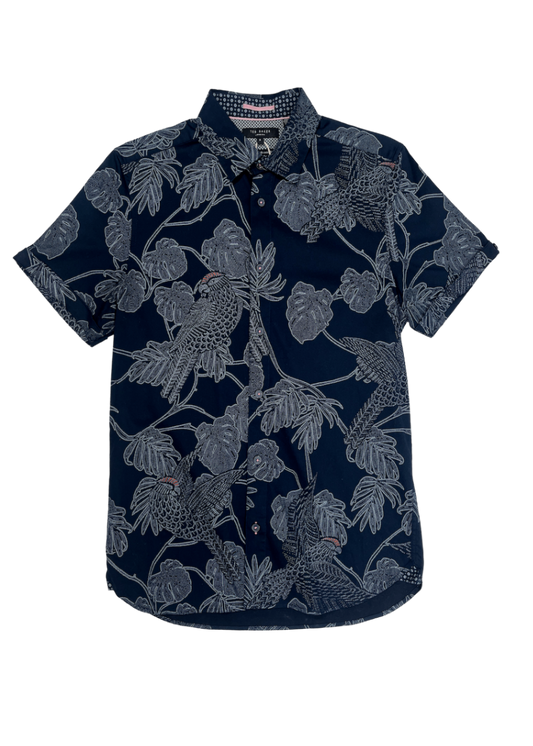 Short Sleeve Floral Parrot Print Navy Shirt / Size XS