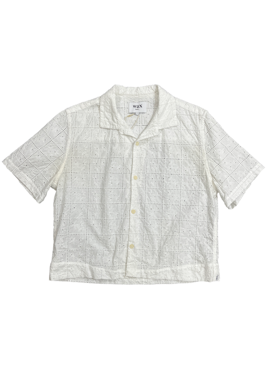 Cropped White Open Embroidery Shirt / Size L